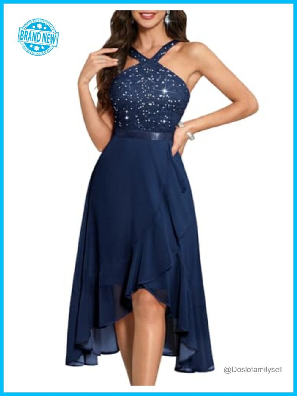 Halter Formal Cocktail Dress Sequin Hi-Lo Chiffon Prom Wedding Guest
